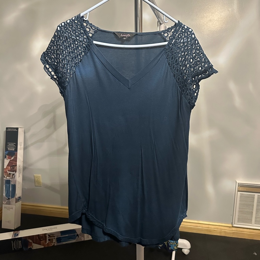 Amaryllis Teal V-Neck Crochet Sleeve Blouse